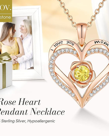 CDE Christmas Gifts for Women S925 Silver Rose Gold Heart Birthstone Necklaces for Women，Ideal Anniversary or Birthday Jewelry Gifts for Wife Girlfriend Her