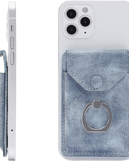 RFID Ring Stand Stick on Wallet for Back of Phone for iPhone Android and All Smartphones Adhesive Credit Card Holder for Cell Phone-Denim Blue …