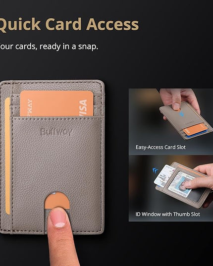 Buffway Slim Minimalist Front Pocket RFID Blocking Leather Wallets for Men and Women - Lichee Khaki