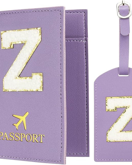 PATIKIL Passport Holder for Travel, Initial Passport Cover and Luggage Tag Set with Alphabet Chenille Letter Patch Travel Wallet Bag Suitcase Identifier for Women Family Travel Purple Z