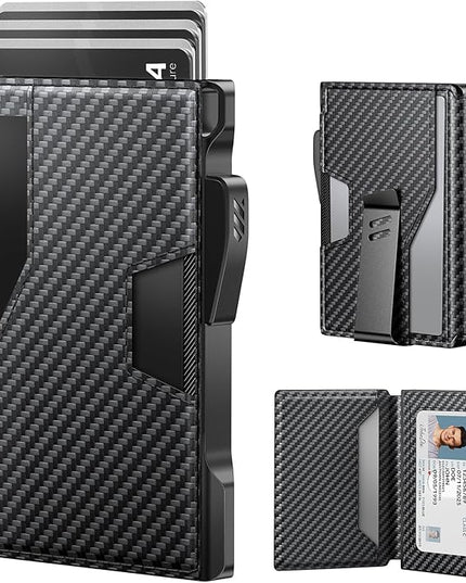 typecase Wallet for Men: Rfid-blocking with Money Clip Slim Leather Bifold ID Window Smart Pop Up Card Case Front Pocket Wallet with Gift Box (Carbon Fiber Black)