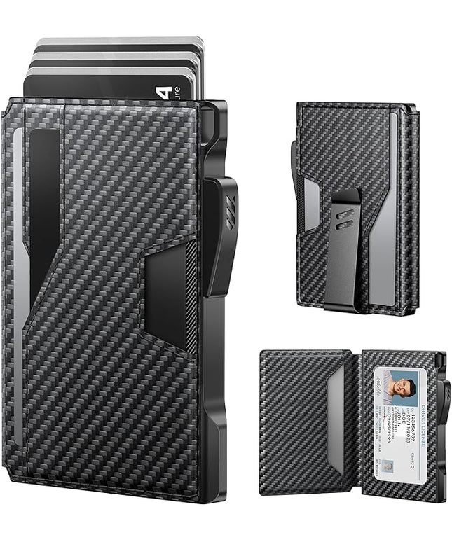 typecase Wallet for Men: Rfid-blocking with Money Clip Slim Leather Bifold ID Window Smart Pop Up Card Case Front Pocket Wallet with Gift Box (Carbon Fiber Black)