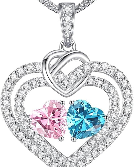 LOUISA SECRET Sparkling Double Heart Birthstone Necklaces for Women, 925 Sterling Silver Fine Jewelry, Pendant Heart Necklaces Birthday Anniversary Christmas Gift for Women Wife Mom Girlfriend Lady