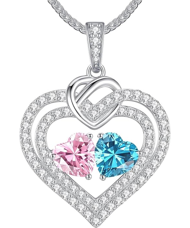 LOUISA SECRET Sparkling Double Heart Birthstone Necklaces for Women, 925 Sterling Silver Fine Jewelry, Pendant Heart Necklaces Birthday Anniversary Christmas Gift for Women Wife Mom Girlfriend Lady