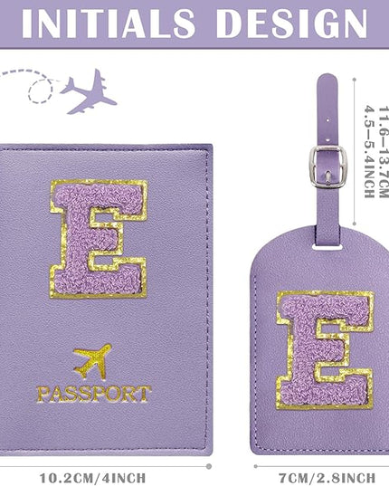 COSHAYSOO Initial Passport Cover Luggage Tag Set Purple Passport Holder, Airplane Cruise Travel Essentials Vacation Traveling Accessories Personalized Gifts for Women Teen College Girls Letter E