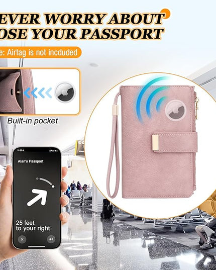 HUANLANG Passport Holder with Airtag for Women/Men, Airtag Passport Wallet for Travel Leather Passport Holder RFID Blocking,Travel Passport Walelt with Credit Card Holder