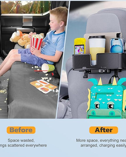 Car Headrest Cup Holder for Back Seat Organizer for Type-c/Lightning Retractable Charging Cables Multi- Hanging Snack Storage Box with Strong Hooks for Kids and Fast Charging for Travel Accessories