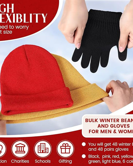Tarpop 96 Pcs Winter Beanies and Gloves Bulk, Cold Weather Unisex Winter Hat and Gloves for Homeless Men Women