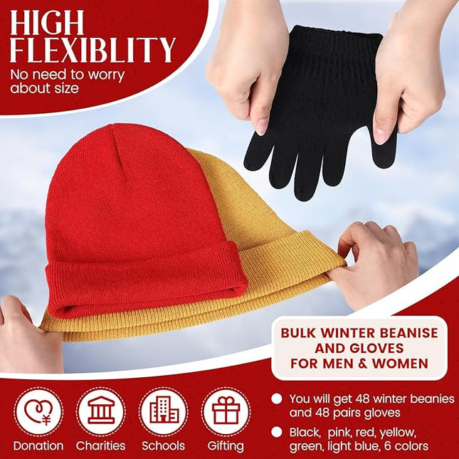 Tarpop 96 Pcs Winter Beanies and Gloves Bulk, Cold Weather Unisex Winter Hat and Gloves for Homeless Men Women