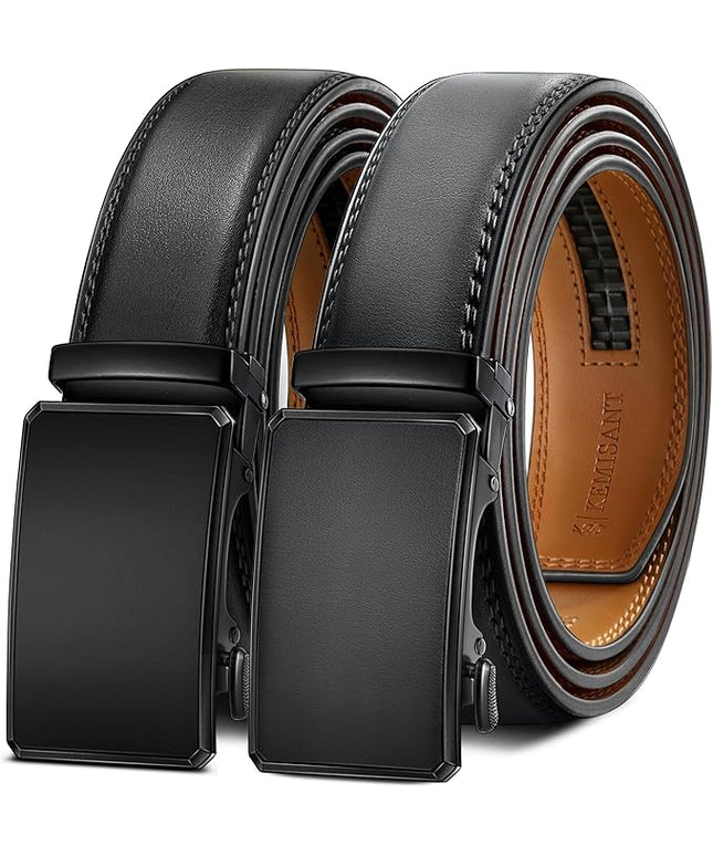 KEMISANT Men Belt 2 Pack, Leather Ratchet Belt Easy Click Slide For Men 1 3/8",Cut for Fit
