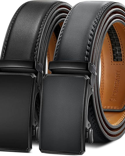 KEMISANT Men Belt 2 Pack, Leather Ratchet Belt Easy Click Slide For Men 1 3/8",Cut for Fit