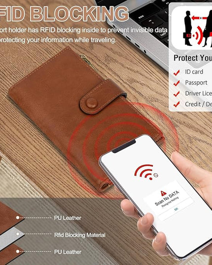 BKNOOU Rfid Blocking Passport Holder for Women and Men, Compact Travel Passport Wallet Leather Travel Wallet Trifold Clutch Wallet, Passport Cover Holds Cards, Tickets, Cash and Pen