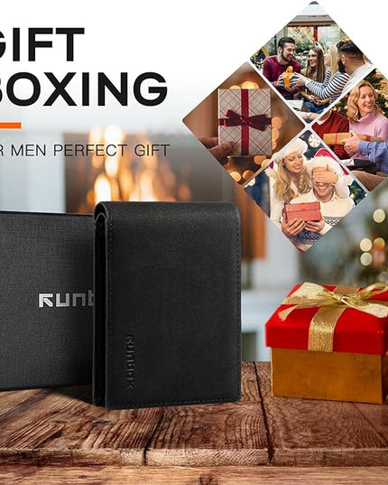 RUNBOX Wallet for Men Slim Leather Bifold RFID Blocking Minimalist Front Pocket Design with Gift Box