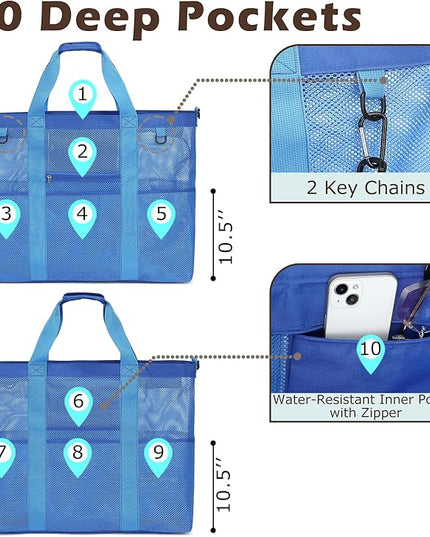 Mesh Beach Bag, Large Beach Tote with Zipper Pocket, Toys Pool Bag for Family Travel Vacation Cruise Essentials