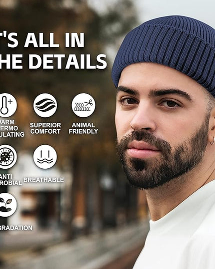 100% Merino Wool Fisherman Beanie for Men Women, Short Knit Cuff Trawler Winter Hat, Warm Soft Outdoor Gift