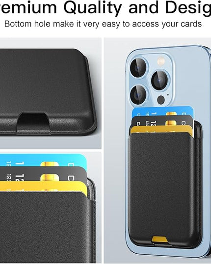 Phone Card Holder, Premium Leather Wallet Stick on, Adhesive Credit Card Holder for Case, Sticky Wallet for Back of Cover, Android Cell Phone, iPhone, Fit 4 Cards, Carbon Fiber Black
