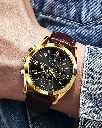 OLEVS Men's Chronograph Leather Watch, Big Face Easy to Read Analog Quartz Dress Watch, Casual Waterproof Luminous Hands Date Watches for Men, White/Blue/Black/Gold Dial