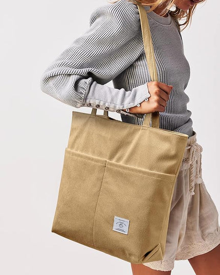 KALIDI Women Corduroy Tote Bag Zipper Casual Tote's Handbag Big Capacity Shoulder Bag with Pockets