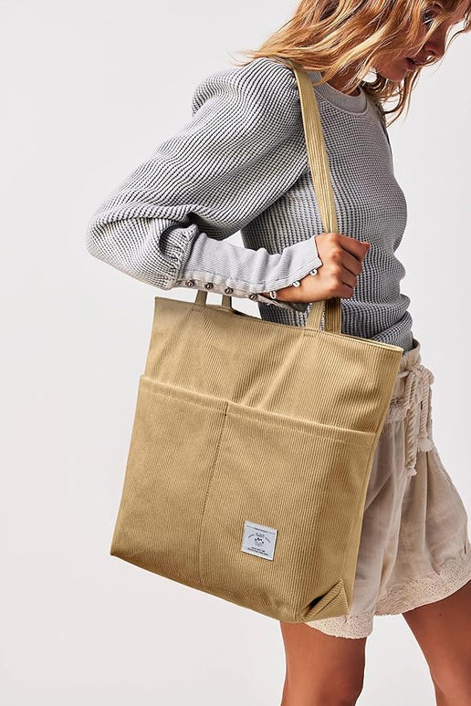 KALIDI Women Corduroy Tote Bag Zipper Casual Tote's Handbag Big Capacity Shoulder Bag with Pockets