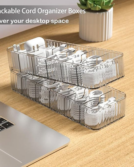 Cable Storage Boxes Organizers 2 Pack,Cord Charger Storage Organizer Box Case with 20pcs Cable Ties,Stackable,Clear