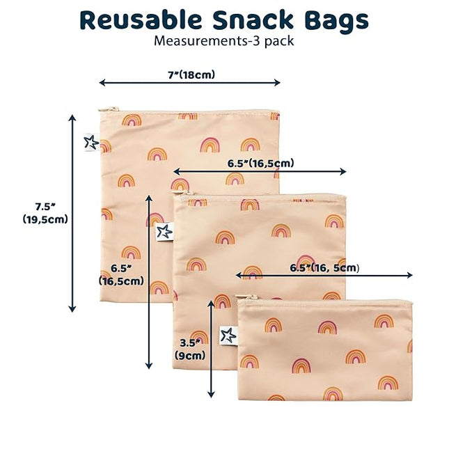 Tiny Twinkle Reusable Snack Bags for Kids – 3 Pack Snack Pouches & Sandwich Bag for Toddlers – Machine Washable, Mess-Proof for Lunch & Travel (Boho Rainbow)
