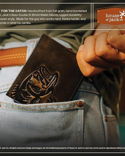 House of Jack Co. Bass Wallet for Men, Double ID Bifold, Full Grain Leather Fishing Wallet, Ideal Gift for Men, Black