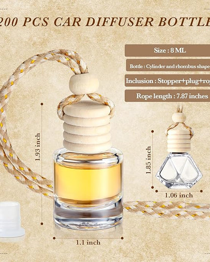 BBTO 200 Pcs Hanging Car Diffuser Bottle Bulk Empty Clear Glass Perfume Bottles Air Freshener Pendant for Essential Oils Fragrance Aromatherapy Car Interior (Diamond, Cylinder)
