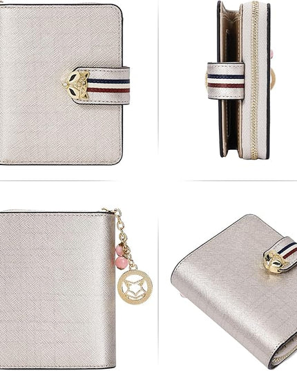 FOXLOVER Genuine Leather Zip Small Wallet Women RFID Blocking Credit Card Bifold Wallet Business Card Holder with ID Window(Gold)