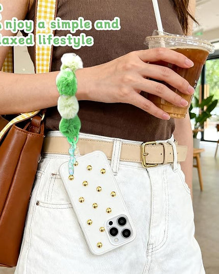 2 Pcs Phone Charm Wrist Strap with Tether Tab, Double Anti Lost Fluff Ball Beaded Wrist Lanyard, Detachable Leather Phone Charms for Bag, Key Chains, Camera Decor