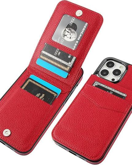 KIHUWEY Compatible with iPhone 13 Pro Max Case Wallet with Credit Card Holder, Premium Leather Magnetic Clasp Kickstand Heavy Duty Protective Cover for iPhone 13 Pro Max 6.7 Inch (Lichee Red)
