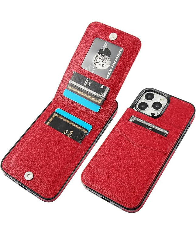 KIHUWEY Compatible with iPhone 13 Pro Max Case Wallet with Credit Card Holder, Premium Leather Magnetic Clasp Kickstand Heavy Duty Protective Cover for iPhone 13 Pro Max 6.7 Inch (Lichee Red)