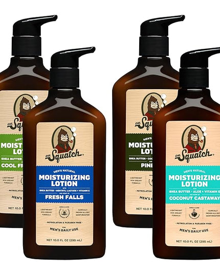 Dr. Squatch Natural Hand and Body Lotion for Men - Made with Shea Butter, Coconut Oil, Vitamin E for 24-Hr Moisturization - Pine Tar, Fresh Falls, Coconut Castaway & Cool Fresh Aloe (10 fl oz, 4-Pack)