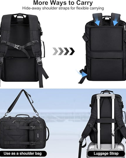 PIJUSHI Carry on Travel Backpack for Women Men Convertible Duffle Bag Flight Approved Luggage Backpack Fit 16 Inch Laptop(PE053 Black)