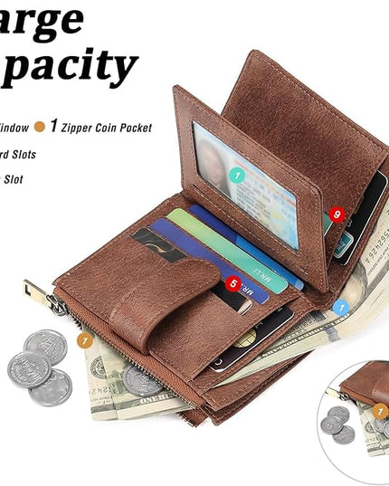 GAEKEAO Small Wallet for Women, Bifold Leather RFID Blocking Ladies Compact Card Holder with Zipper Pocket & ID Window