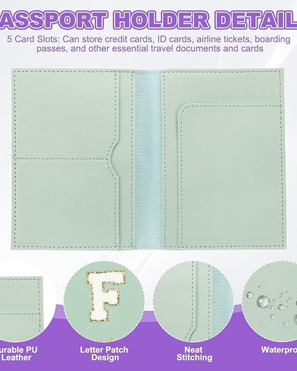 PATIKIL Passport Holder for Travel, Initial Passport Cover and Luggage Tag Set with Alphabet Chenille Letter Patch Travel Wallet Bag Suitcase Identifier for Women Family Travel Green F