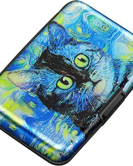 ELFISH Mini RFID Aluminum Wallet Credit Cards Holder Business Card Case Metal ID Case for Men Women(Blue Cat)