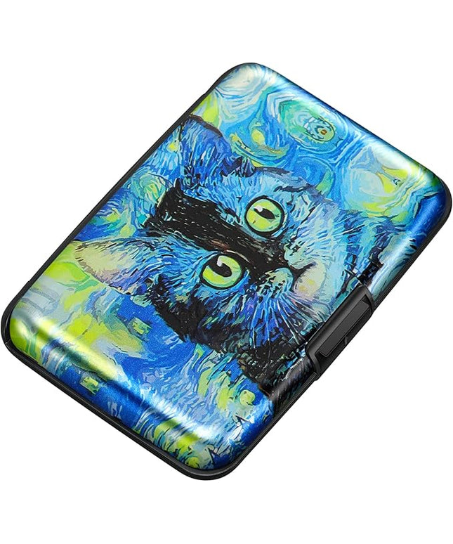 ELFISH Mini RFID Aluminum Wallet Credit Cards Holder Business Card Case Metal ID Case for Men Women(Blue Cat)