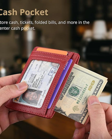 Buffway Slim Minimalist Front Pocket RFID Blocking Leather Wallets for Men and Women - Alaska Cherry