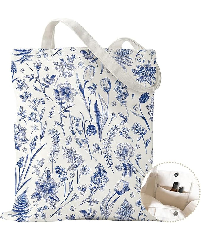 Aesthetic Canvas Tote Bag with Zipper Pockets & Snaps for Women,Reusable Shopping Grocery Bags Gifts -Work, Gym