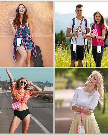Clip and Go Strap for Phone with Wallet Crossbody, Adjustable Phone Lanyard with Detachable RFID Wristlet Wallet, Phone Strap with Phone Tabs for All Phones, Pink Checkered (M)