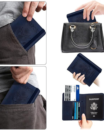 WALNEW Passport Holder for Travel, RFID Passport Cover Wallet for Women Men, PU Leather Passport Book Card Holder Case with Pen (Elastic Band Closure, A-Navy Blue)