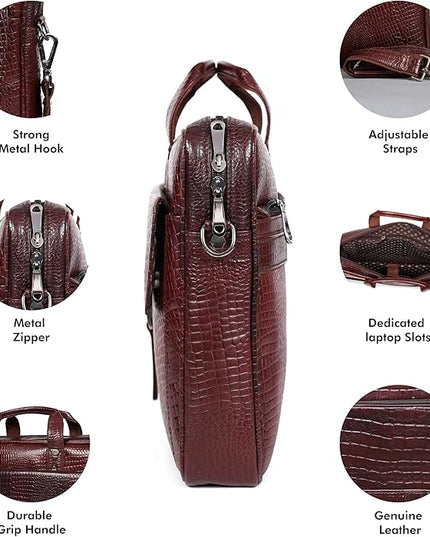 Crocodile Embossed leather bag for men, 5 Zipper Pockets with Spacious Compartments.,12 x 16 x 4 inches.
