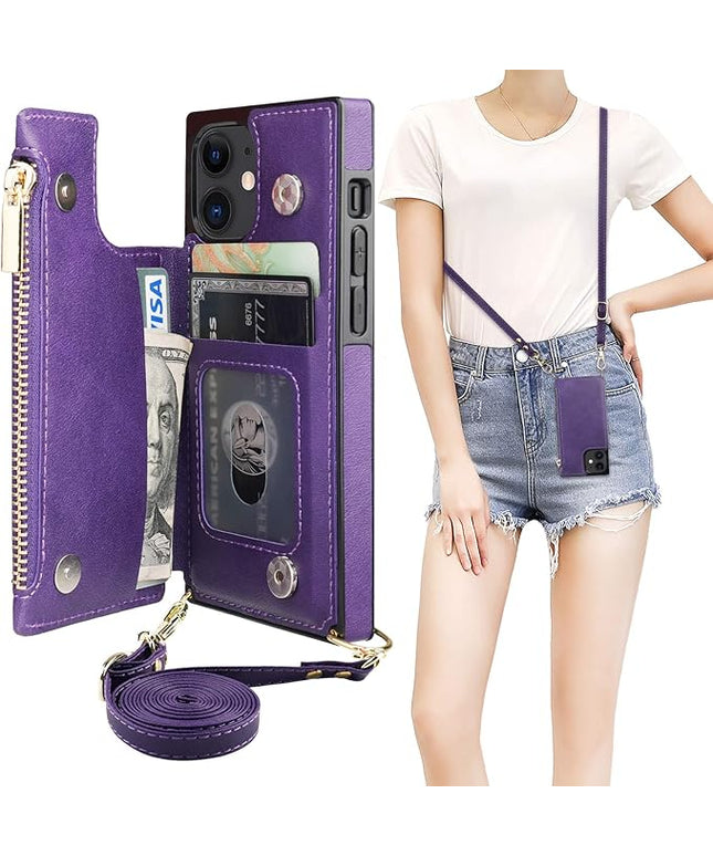 Bocasal Crossbody Wallet Case for iPhone 12 Mini with Card Holder,Zipper Card Slot Protector Shockproof Purse Cover with Removable Cross Body Strap 5.4 Inch(Purple)