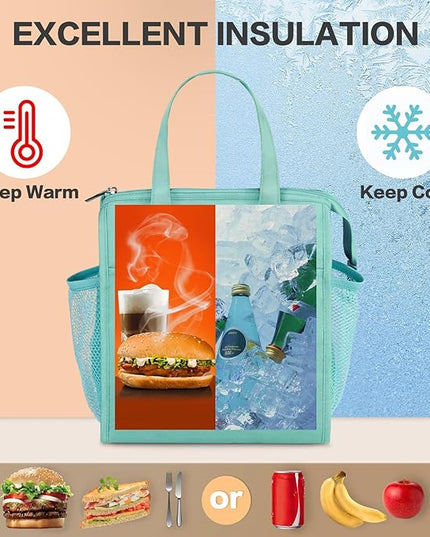 Fmeida Insulated Lunch Bag Women, Leakproof Womens Lunch Bag, Thermal Adult Lunchbag with Front Side Pockets, Reusable Lunch Bag for Office Work Travel Picnic Large Mint Blue