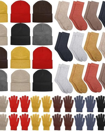 Hillban Winter Beanie Hat Gloves Set with Warm Socks Bulk, Homeless Knitted Beanie Cap Thick Thermal Winter Gloves Socks Pack