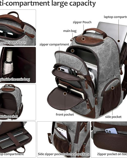 Travel Laptop Backpack 17.3 inch XL Computer Backpack for Men Waxed Canvas College Daypack Business Backpack Gray