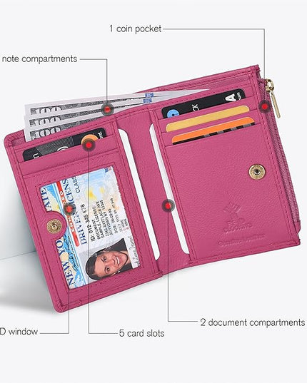 Oak Leathers Leather Wallet For Women - Small RFID Coin Purse Credit Card & ID Holder for Ladies, Gift for Women's, Bifold Wallets (Nappa Pink)