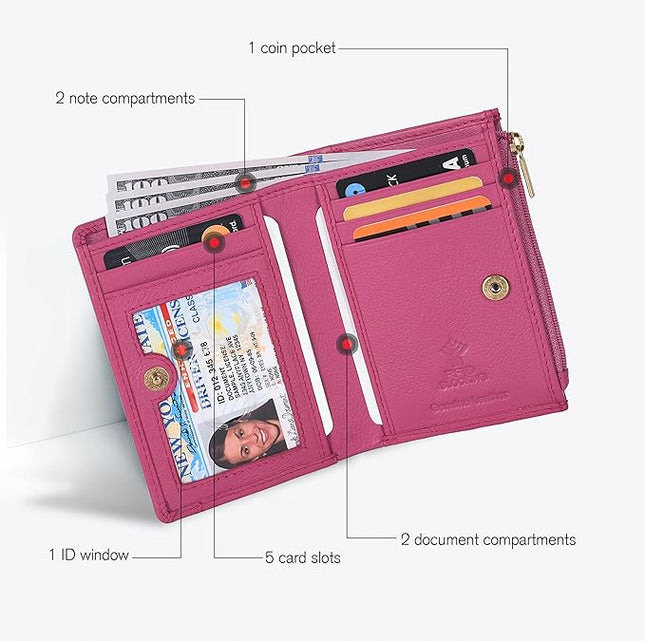 Oak Leathers Leather Wallet For Women - Small RFID Coin Purse Credit Card & ID Holder for Ladies, Gift for Women's, Bifold Wallets (Nappa Pink)