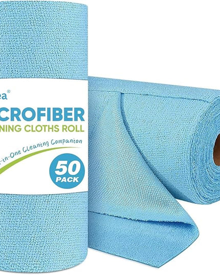 AIDEA Microfiber Cleaning Cloth Roll, 50PK, Blue Shop Towels Reusable Tear Away Paper Towels, Washable Shop Rags, Microfiber Towels for Cars, Lint Free Rags for House, Mechanic, Workshops, 11.5"×11.5"