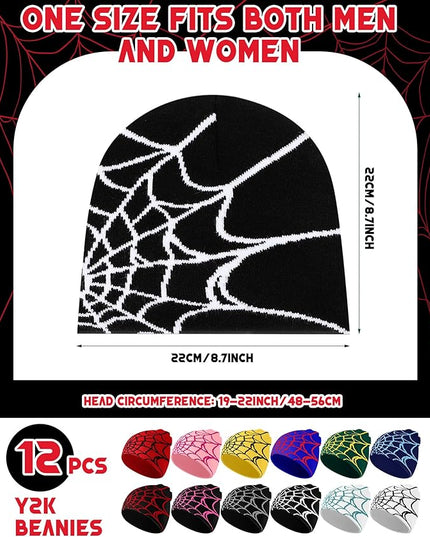 Toulite 12 Pieces Y2K Spider Web Beanie Gothic Graphic Beanies Outdoor Winter Warm Knitted Hat for Men Women